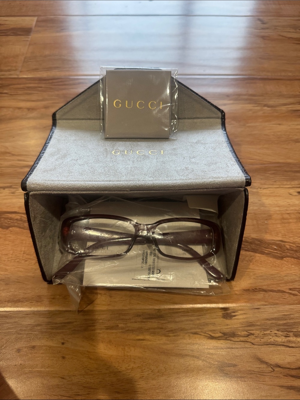 Gucci Transparent Purple Glasses with Branded Case and Cloth; NOT PRESCRIPTION
